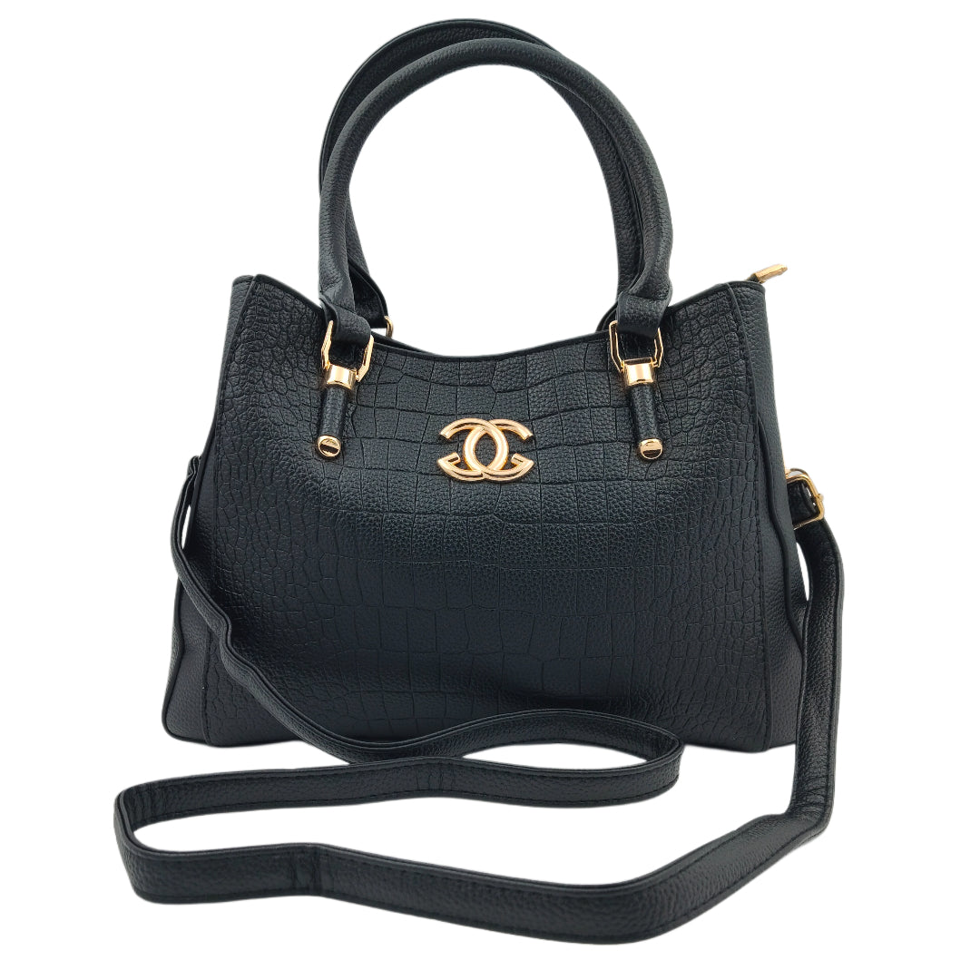 Women’s Black Textured Handbag – Leatherette Finish with Gold Detailing & Sling Strap