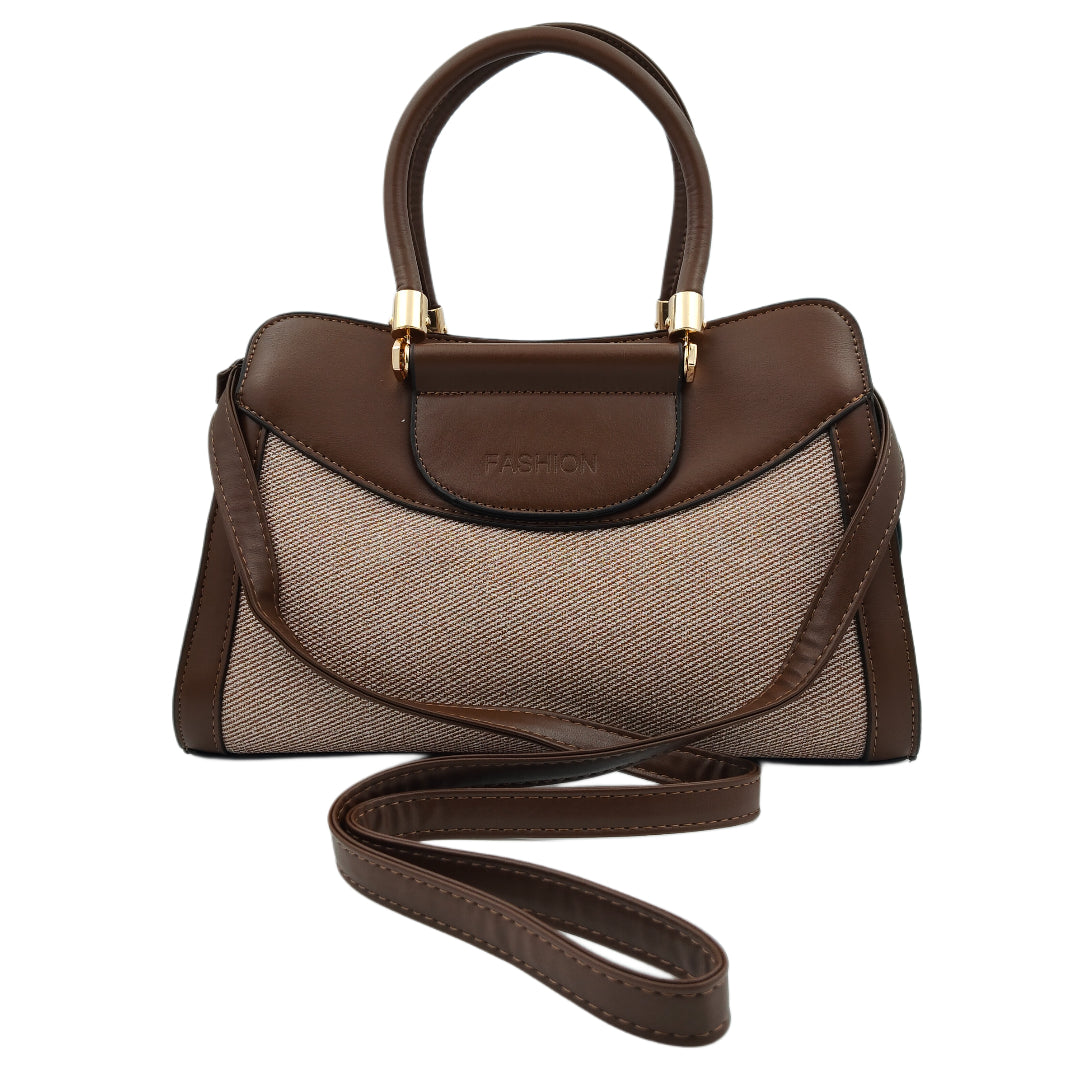 Women’s Brown & Beige Handbag – Polyurethane Textured Finish with Gold Accents & Adjustable Sling Strap
