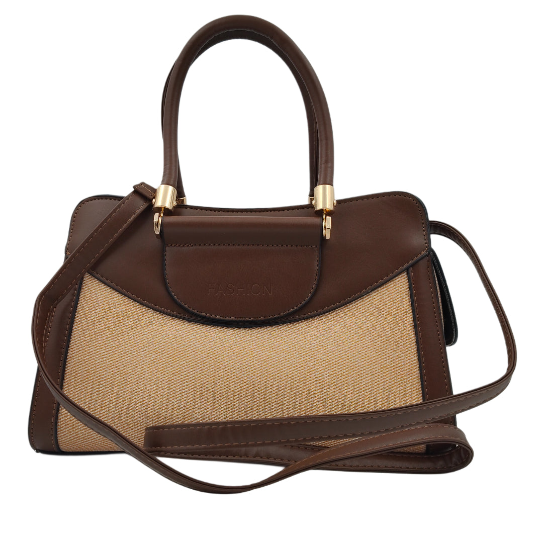 Women’s Brown & Crème Handbag – Polyurethane Textured Finish with Gold Accents & Adjustable Sling Strap