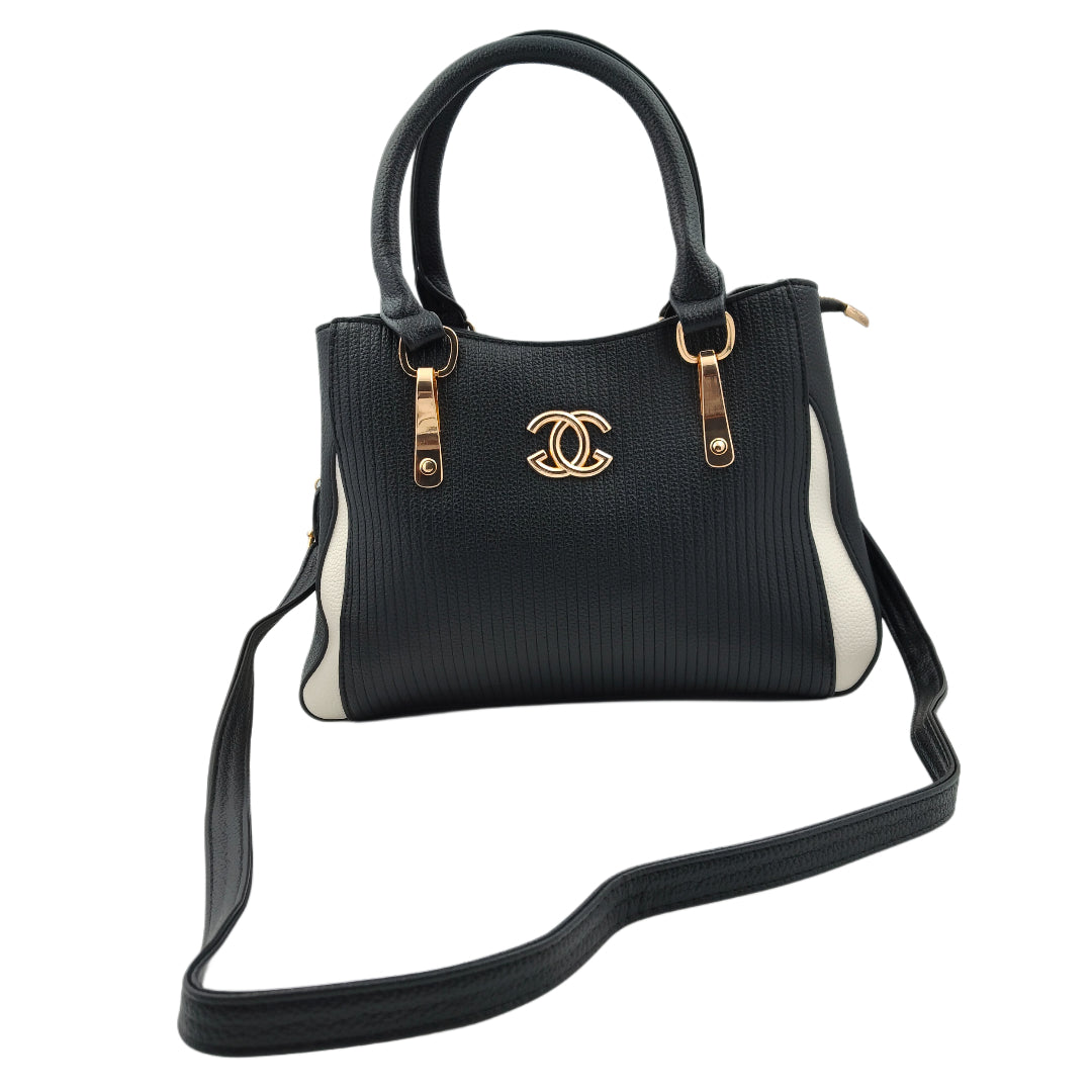 Women’s Black & White Textured Handbag – Polyurethane Finish with Gold Accents & Adjustable Sling Strap