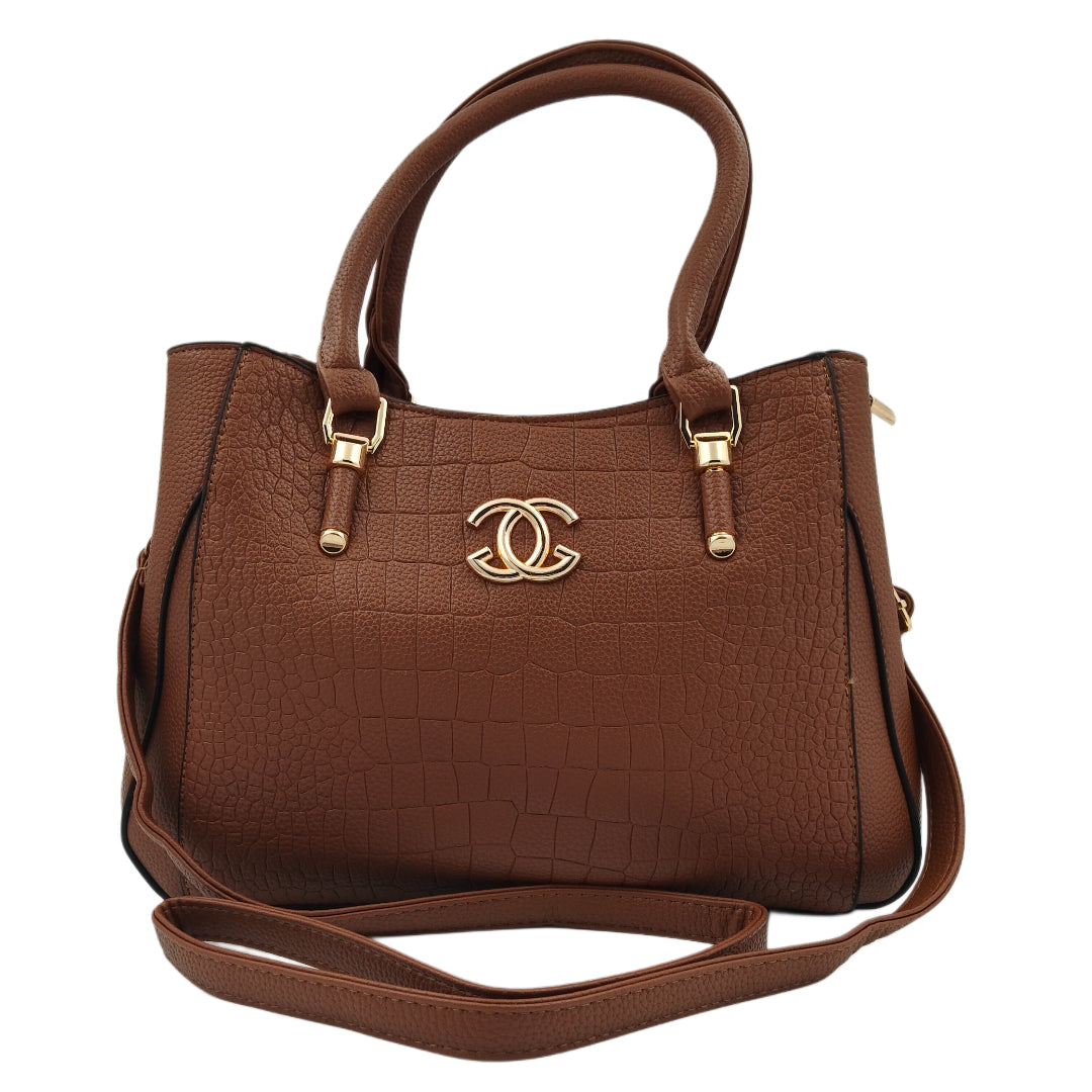 Women’s Brown Textured Handbag – Leatherette Finish with Gold Detailing & Adjustable Sling Strap