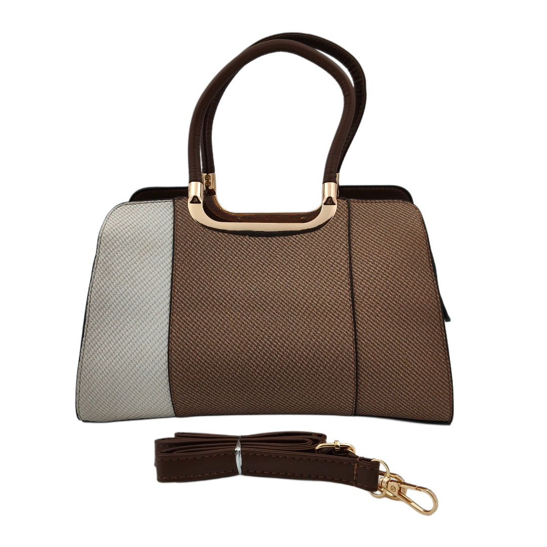 Women’s Two-Toned Handbag – Women’s Two-Toned Handbag – Beige & Dark Brown with Gold Detailing and Sling Strap