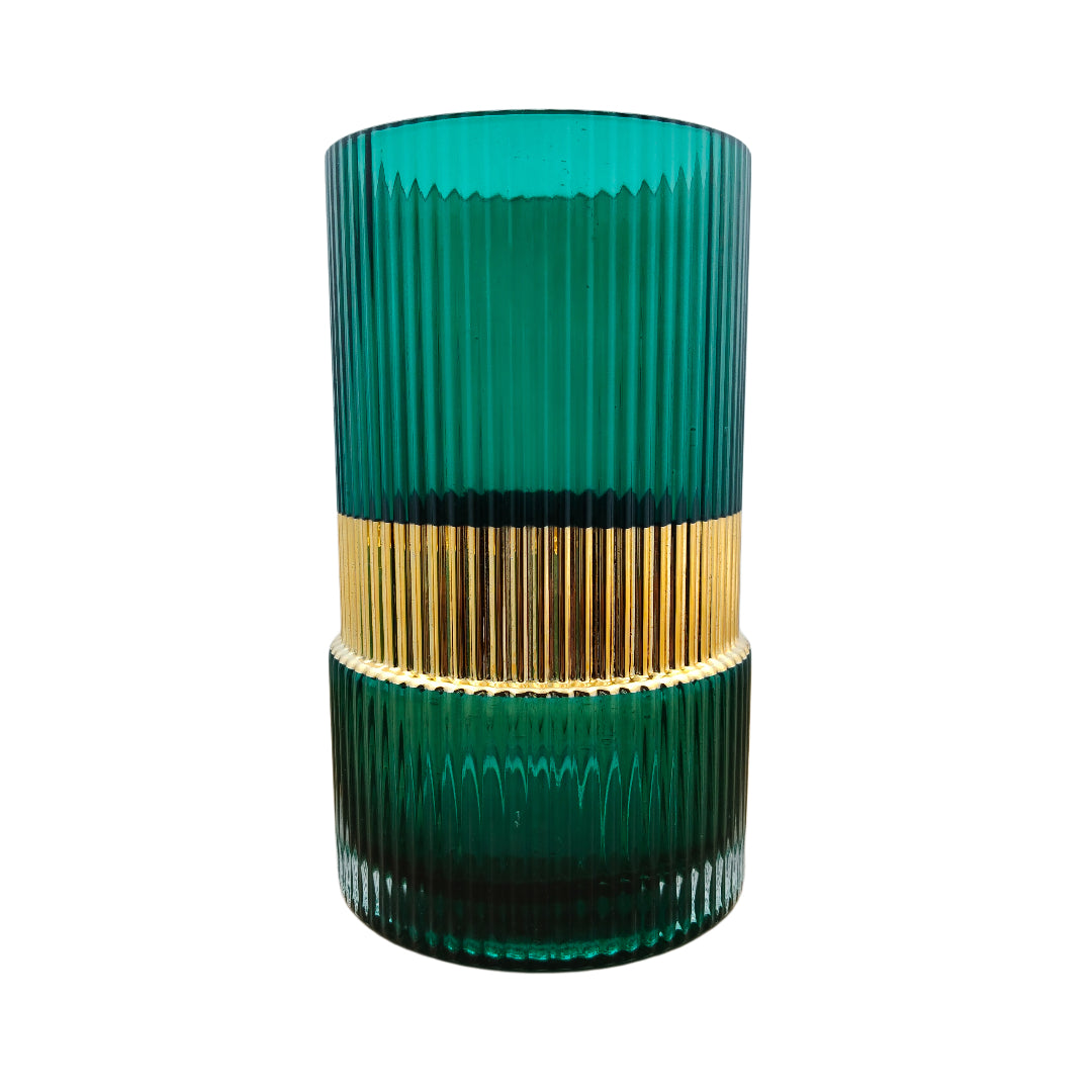 Small Turquoise Ribbed Glass Vase Set with Gold Accent
