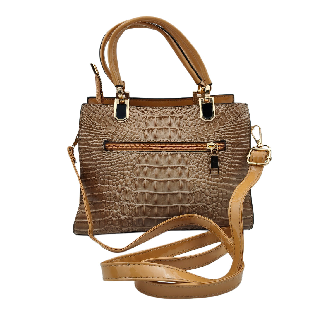 Women’s Brown Croc-Texture Handbag – Leatherette Finish with Gold Detailing & Sling Strap