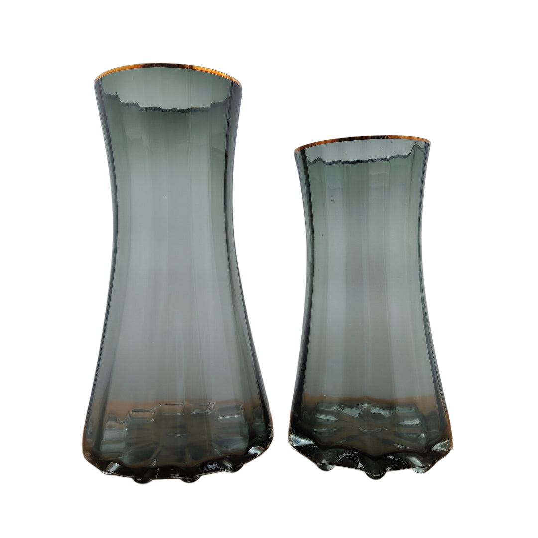 Smoky Grey Curved Glass Vase Set with Gold Rim (Set of 2)