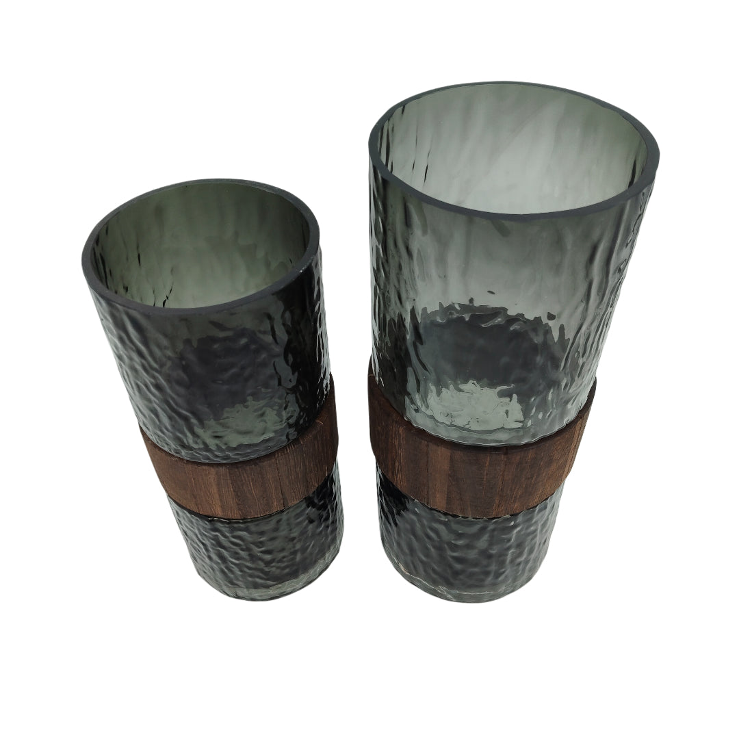 Smoky Textured Glass Vase with Wooden Accent Ring – Modern Decorative Vase (Set of 2)