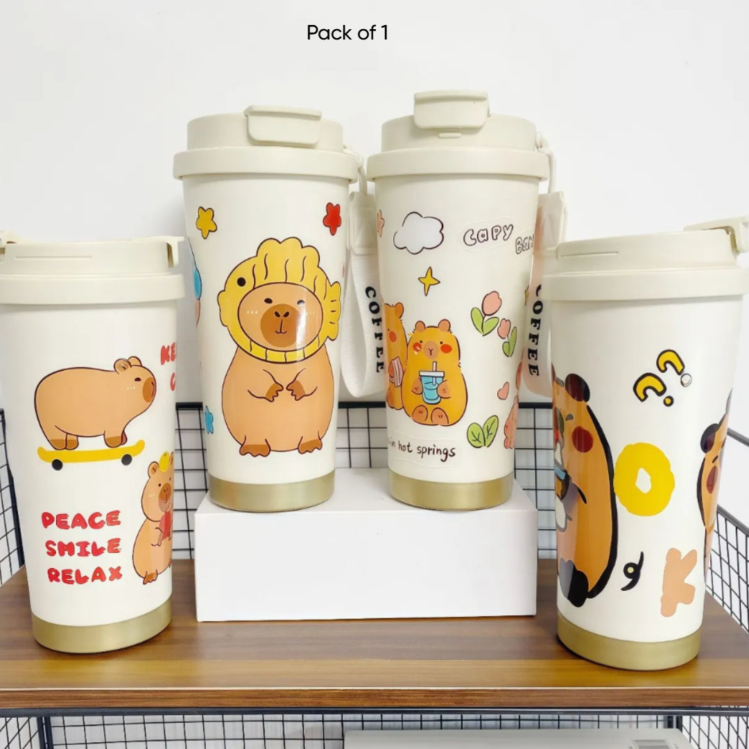 Bella N Bloom Insulated Coffee Mug Bottle with Straw Lid, Cute Capybara Design, Leakproof, Stainless Steel Inner, Carry Strap, 400 ml