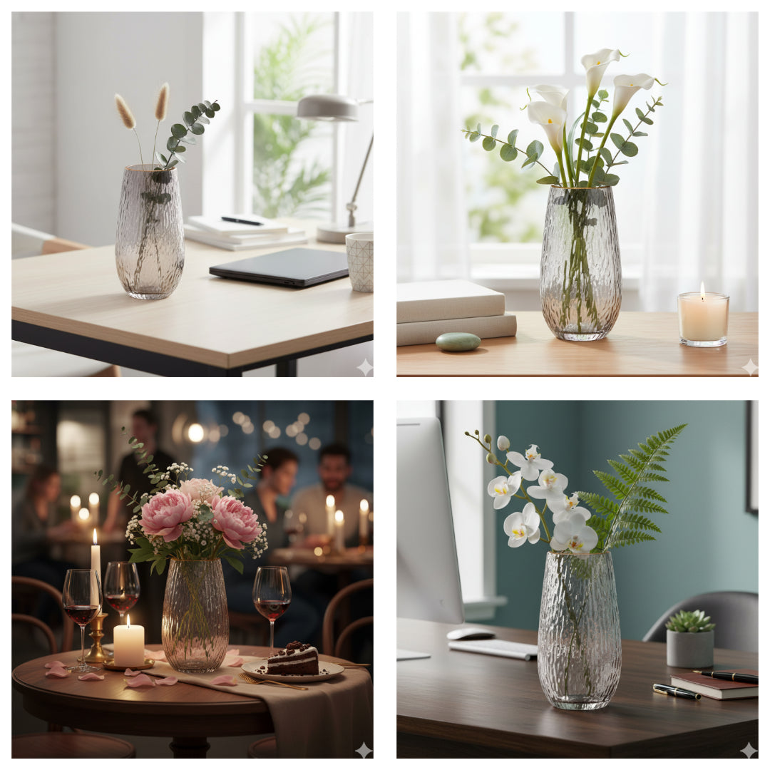 Smoky Grey Glass Vase with Gold Rim – Tall Cylindrical Ripple Design