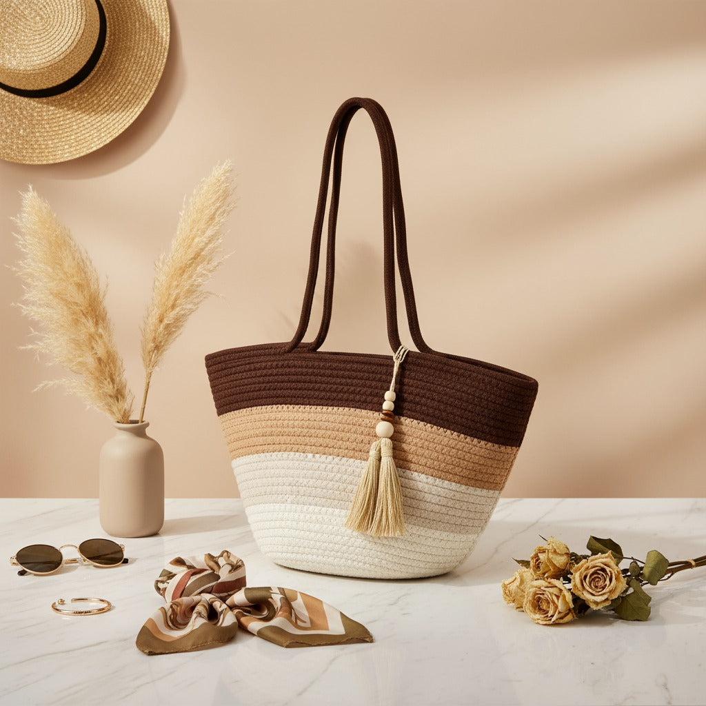 Brown & Beige Cotton Woven Tote Bag