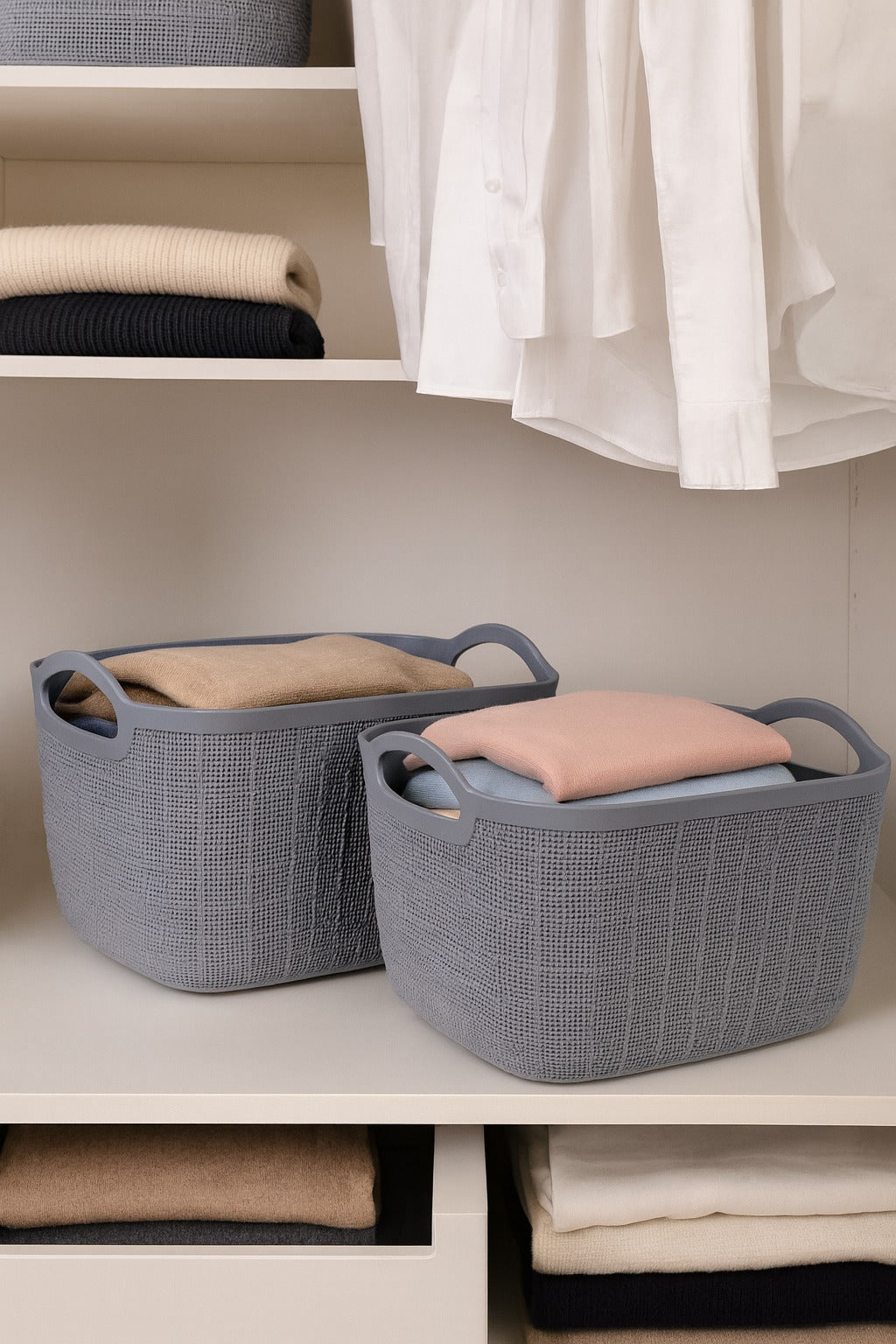 Premium Multi-Purpose Rectangular Textured Storage Basket Set with Handles (Grey Color)