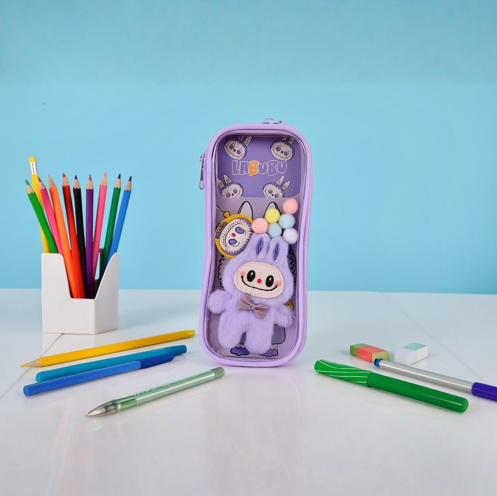 Pen/Pencil Pouch-with soft toy labubu and badge- Purple