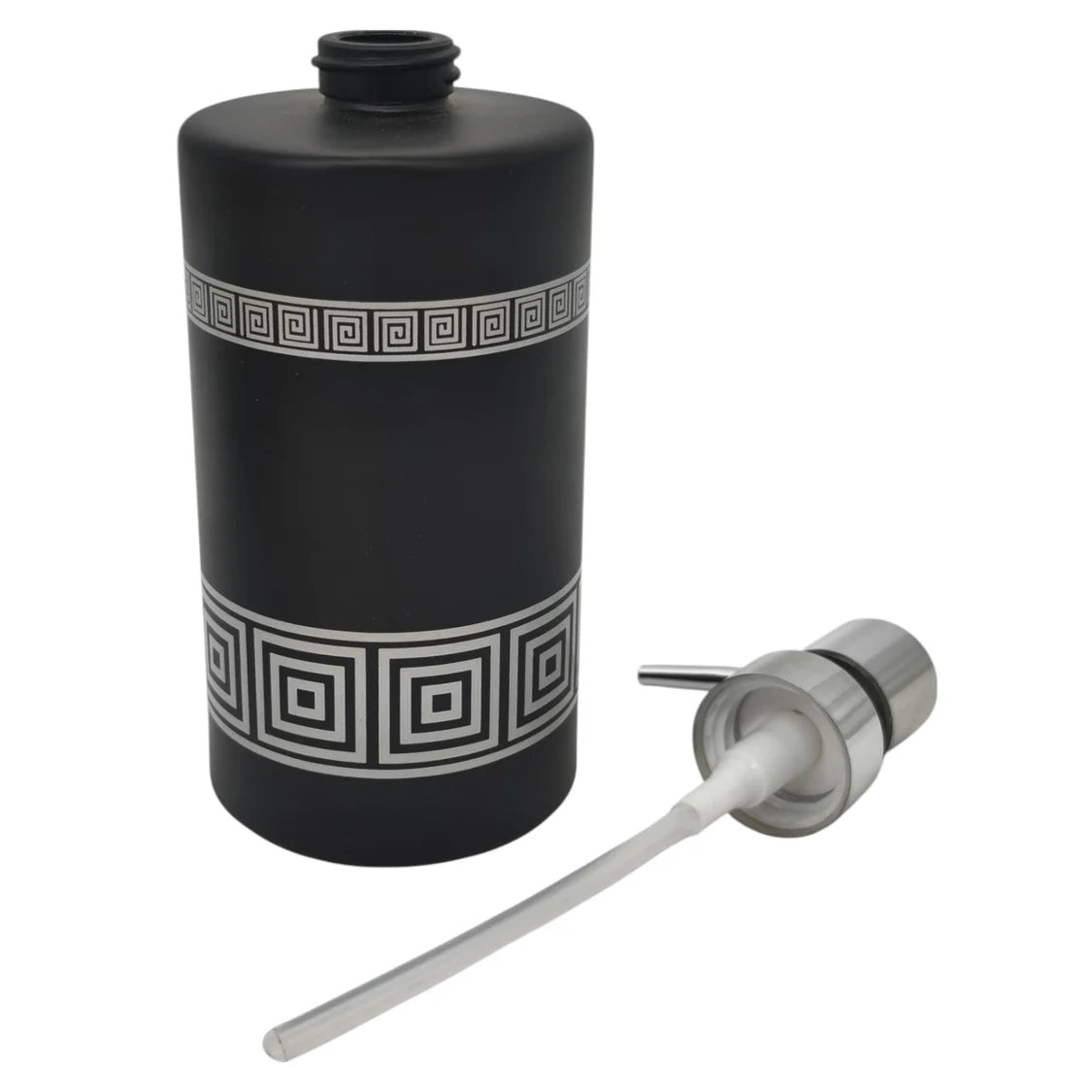 Premium Geometric Glass Soap Dispenser – Matte Black with Silver Pattern & Chrome Pump