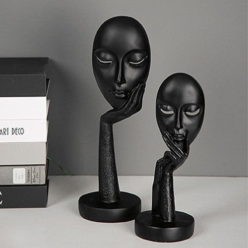 Abstract Face Showpiece Set of 2 – Matte Black Polyresin Decorative Figurines