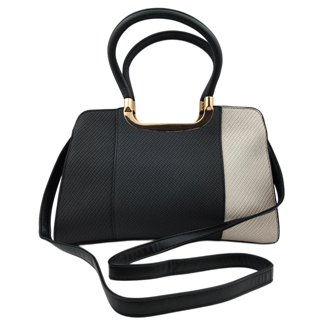 Women’s Two-Toned Handbag – Black & off White with Gold Detailing and Sling Strap