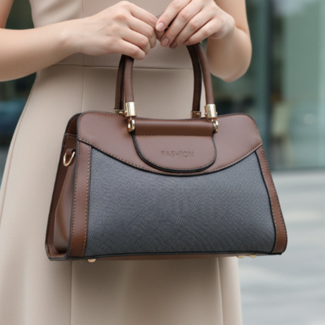 Women’s Brown & Grey Handbag – Polyurethane Textured Finish with Gold Accents & Adjustable Sling Strap