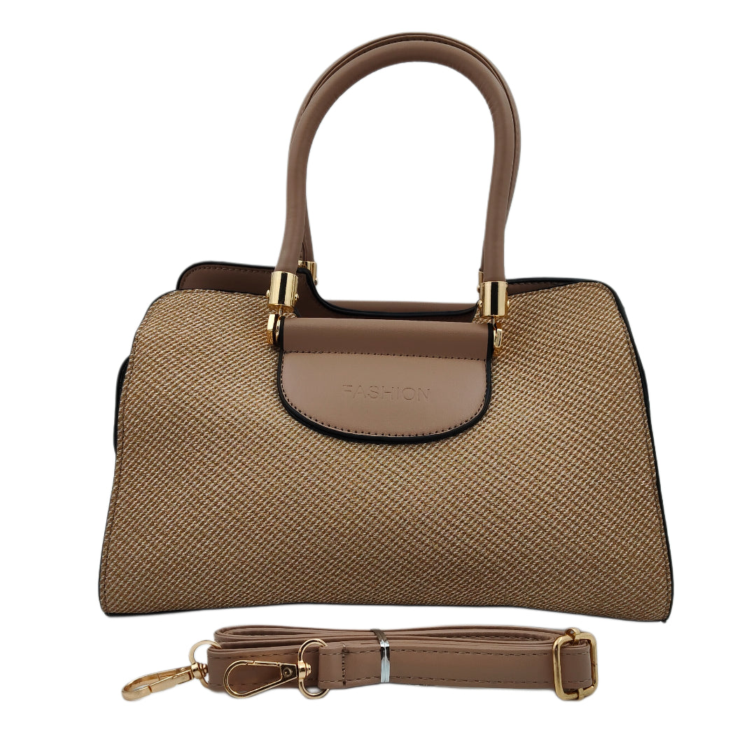 Women’s Beige Handbag – Polyurethane Textured Finish with Gold Detailing & Adjustable Sling Strap