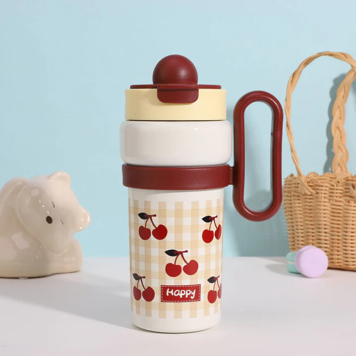Bella N Bloom Insulated Straw Bottle with Handle, Leakproof Flip Lid, Stainless Steel Inner, Cherry Print, 900ml
