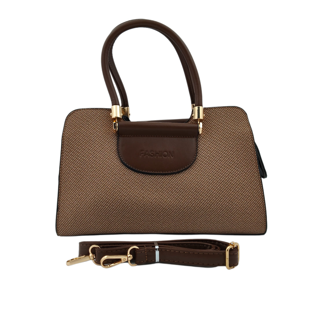 Women’s Brown & Beige Textured Handbag – Polyurethane Finish with Gold Accents & Adjustable Sling Strap
