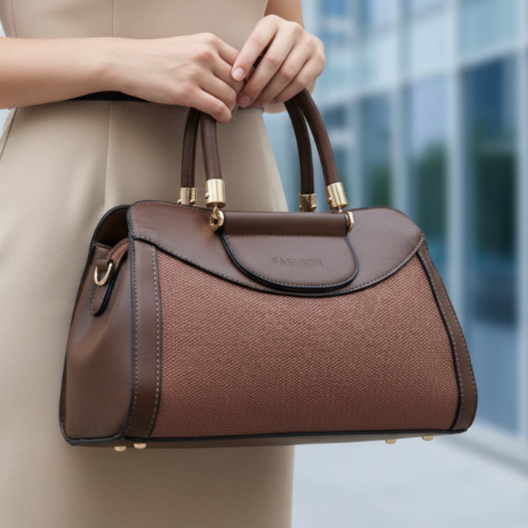 Women’s Brown & Maroon Handbag – Polyurethane Textured Finish with Gold Accents & Adjustable Sling Strap