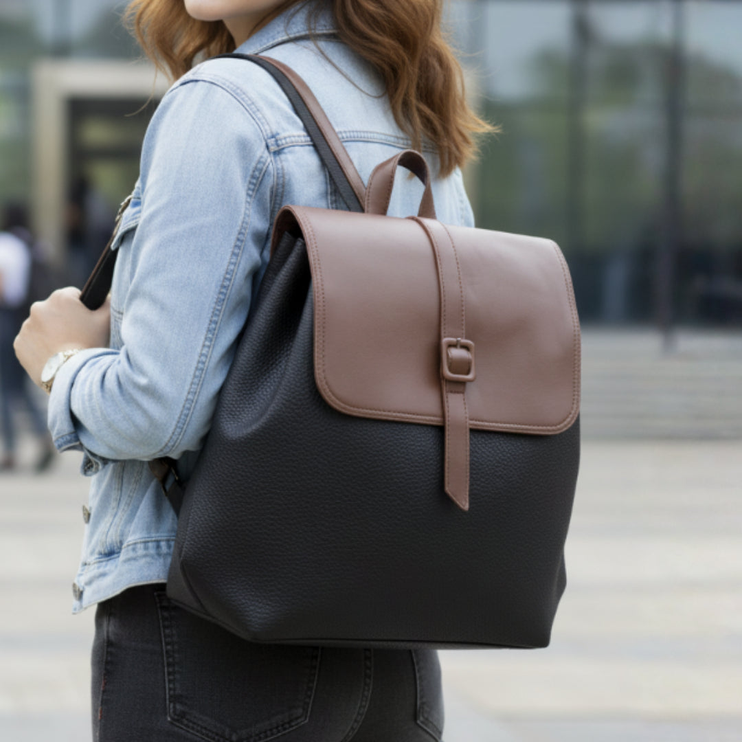 Unisex Black & Brown Leather-Look Backpack – Stylish Dual-Tone Design with Magnetic Flap and Adjustable Straps